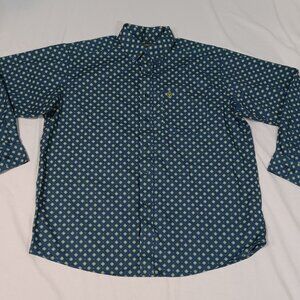 Ariat Shirt Mens Blue Green Size XL Diamond All Over Print Long Sleeve Button Up